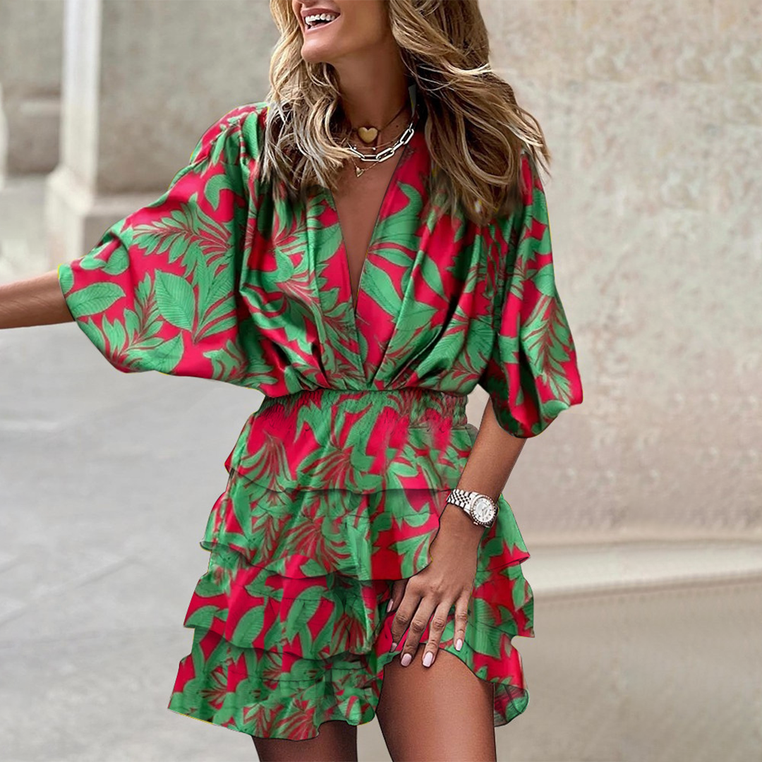 Robe Mini en V avec Impression Géométrique