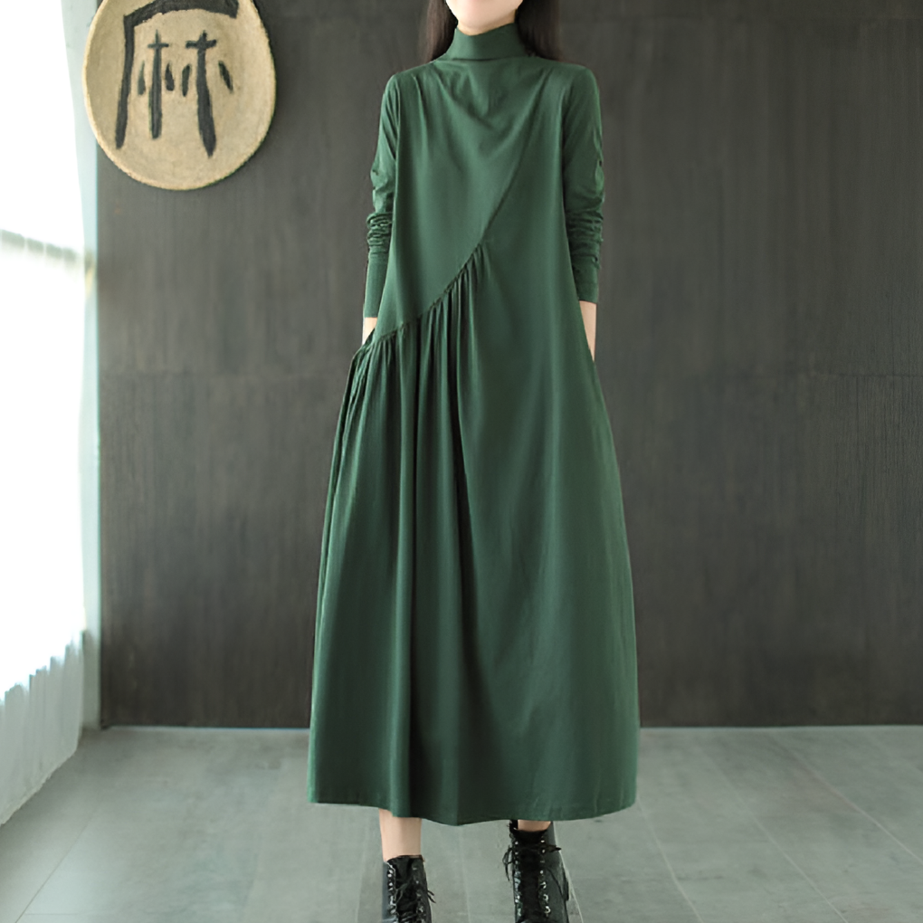 Robe V-col verte à manches mi-longues pour femmes