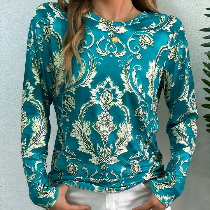 Blouse Femme Verte Col Rond Imprimée à Manches Longues