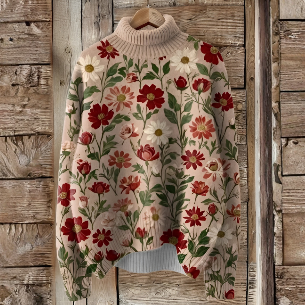 Pull en laine à col roulé avec impression d'art de Noël vintage – Style festif pour jours froids