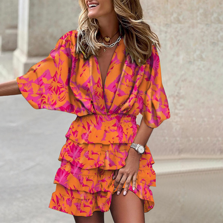Robe Mini en V avec Impression Géométrique