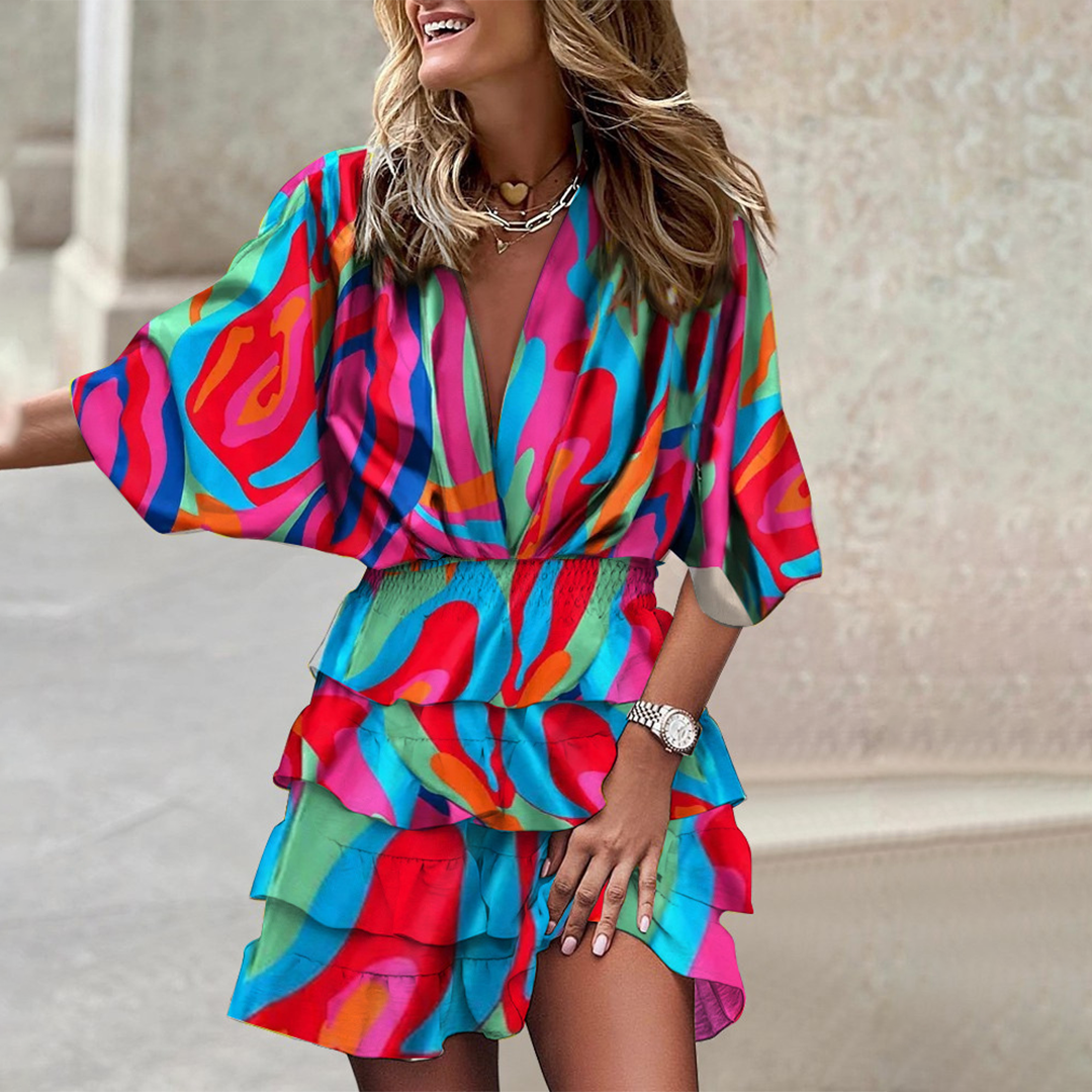 Robe Mini en V avec Impression Géométrique