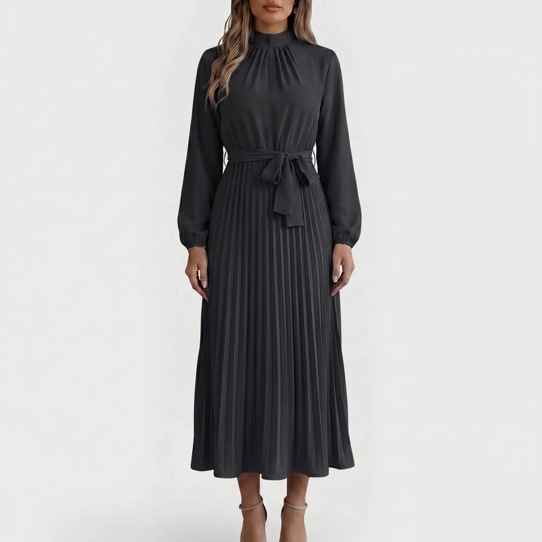 Robe Midi Plissée à Manches Longues avec Ceinture à la Taille