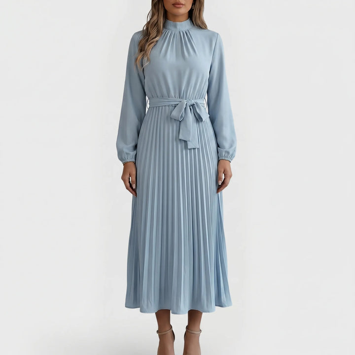 Robe Midi Plissée à Manches Longues avec Ceinture à la Taille