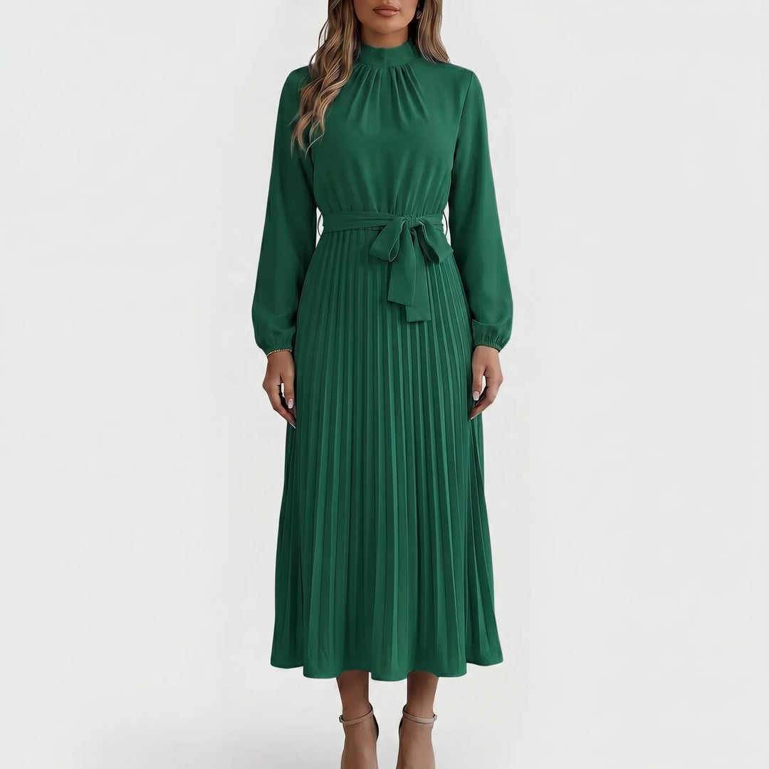 Robe Midi Plissée à Manches Longues avec Ceinture à la Taille