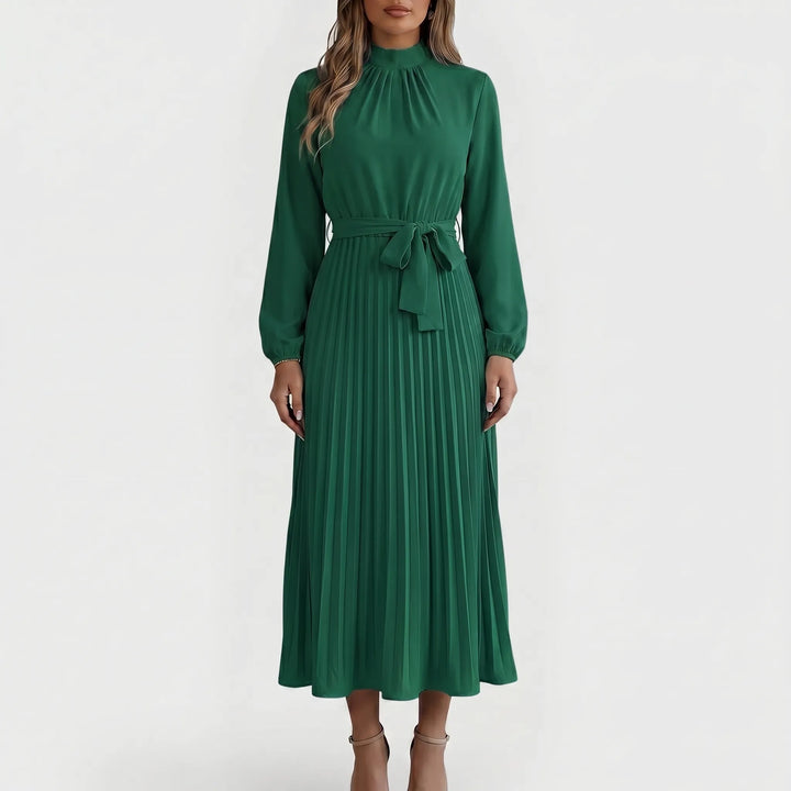 Robe Midi Plissée à Manches Longues avec Ceinture à la Taille