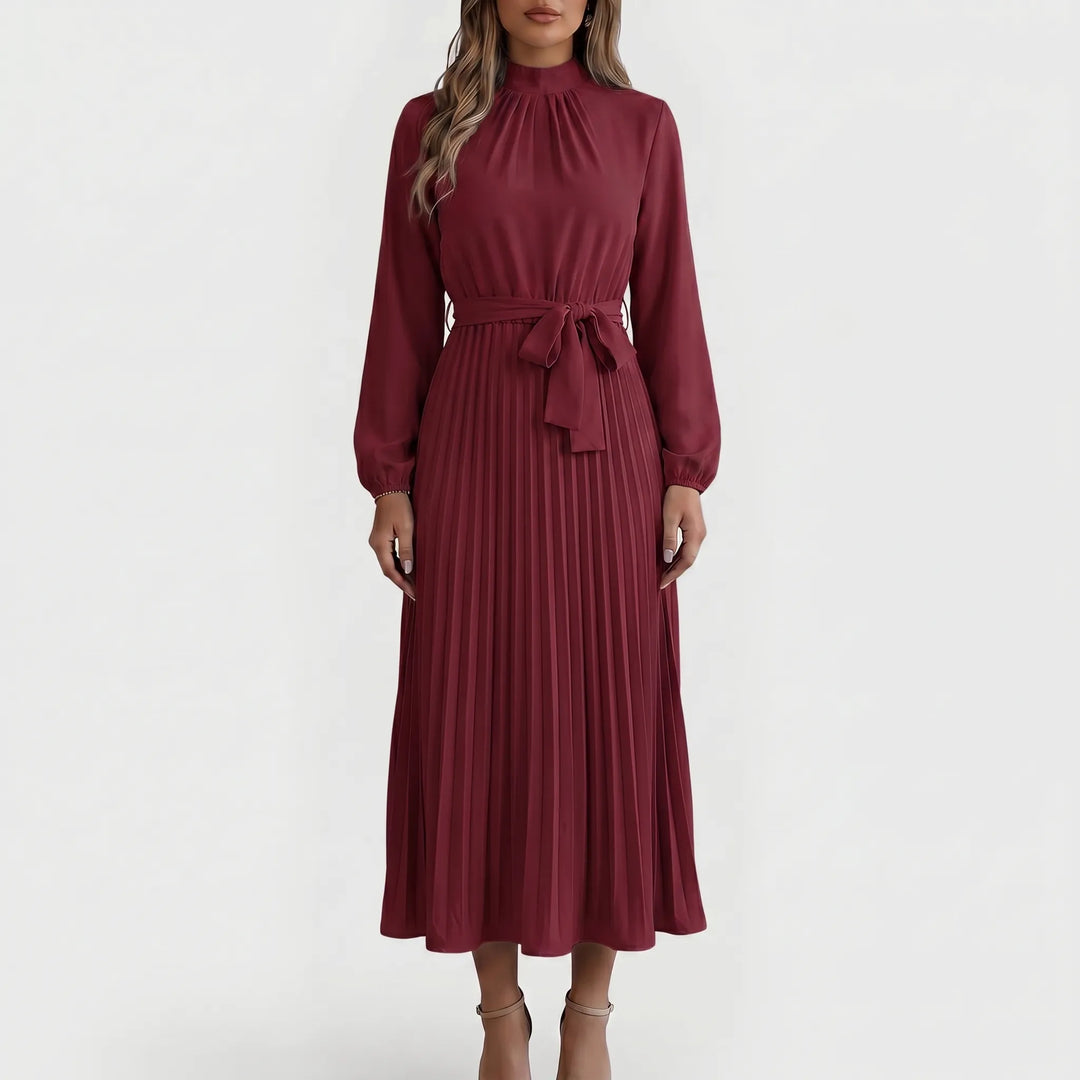Robe Midi Plissée à Manches Longues avec Ceinture à la Taille