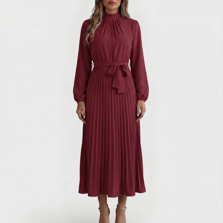 Robe Midi Plissée à Manches Longues avec Ceinture à la Taille