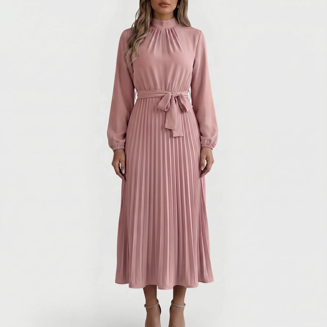 Robe Midi Plissée à Manches Longues avec Ceinture à la Taille