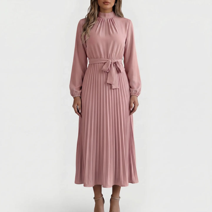 Robe Midi Plissée à Manches Longues avec Ceinture à la Taille