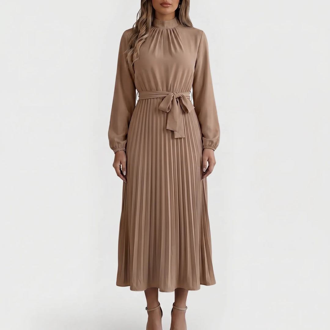 Robe Midi Plissée à Manches Longues avec Ceinture à la Taille