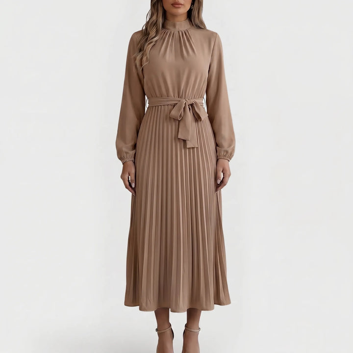 Robe Midi Plissée à Manches Longues avec Ceinture à la Taille