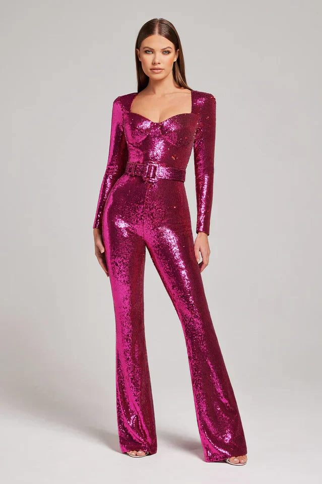 Combinaison en sequins avec détail de corset et jambes évasées