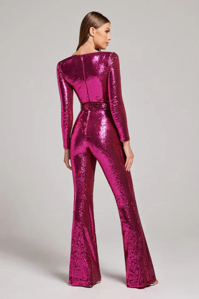 Combinaison en sequins avec détail de corset et jambes évasées