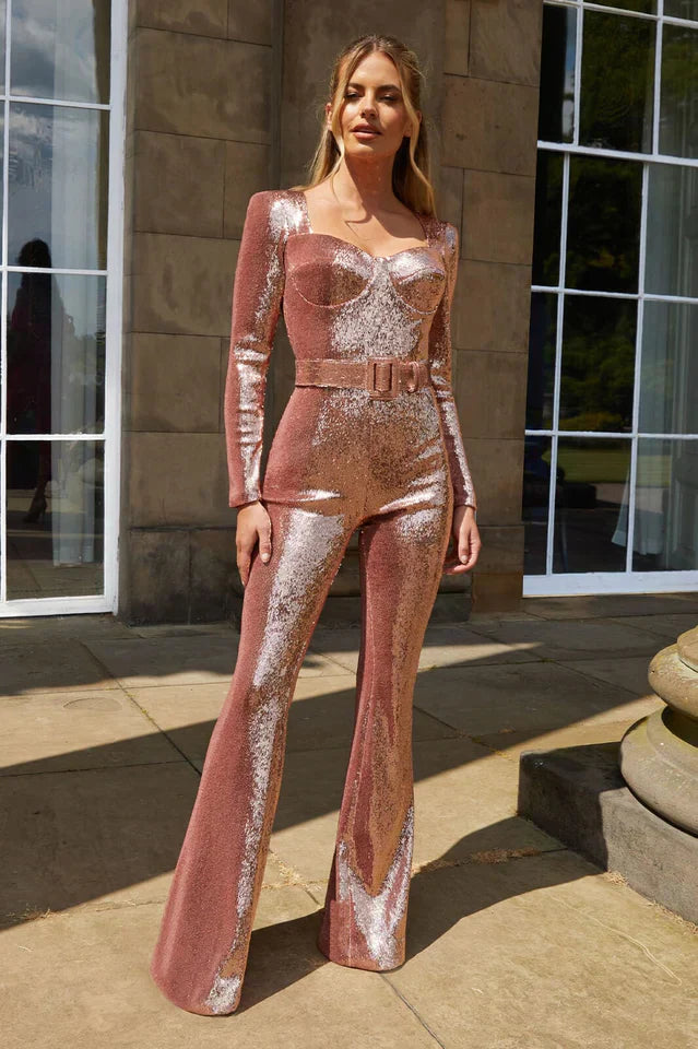 Combinaison en sequins avec détail de corset et jambes évasées