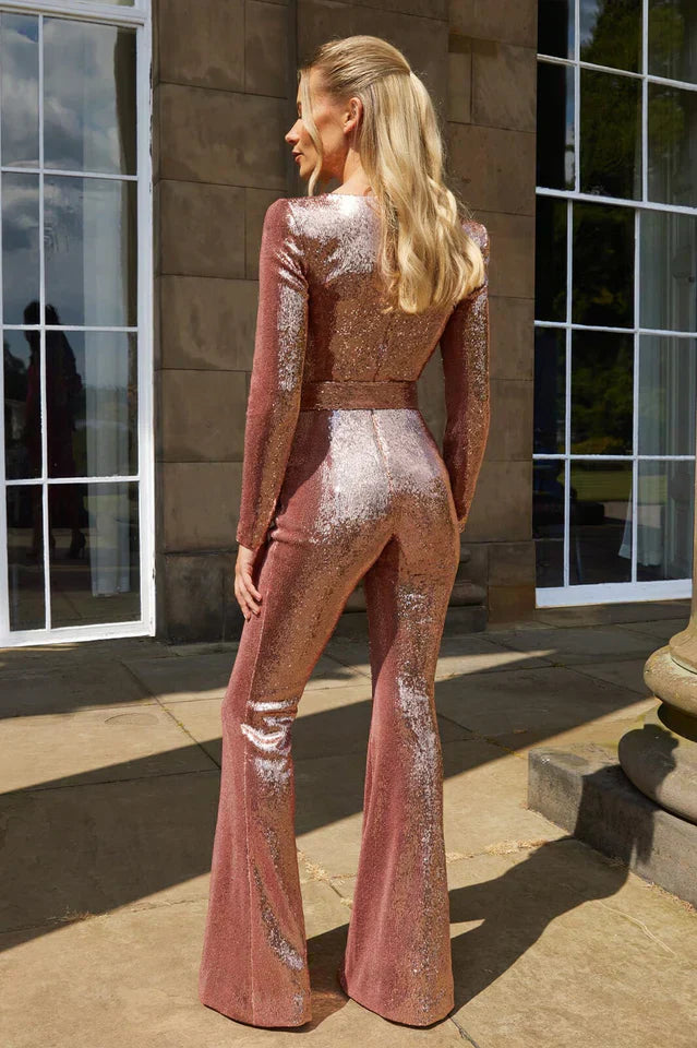 Combinaison en sequins avec détail de corset et jambes évasées