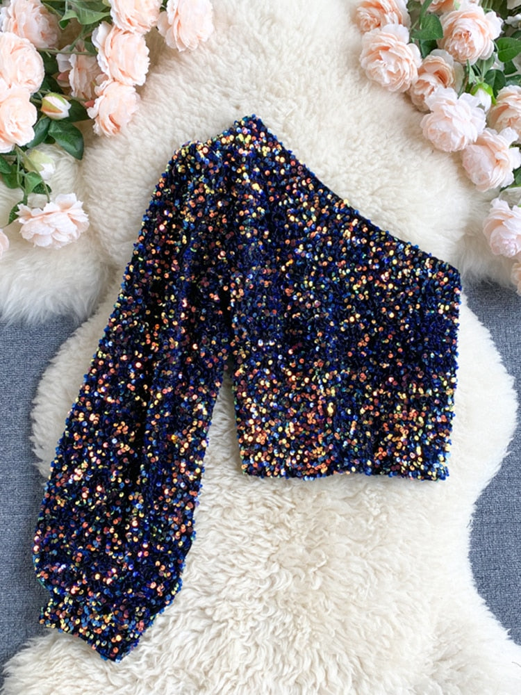 Fleur – Top à une épaule en paillettes | Étincelle avec élégance