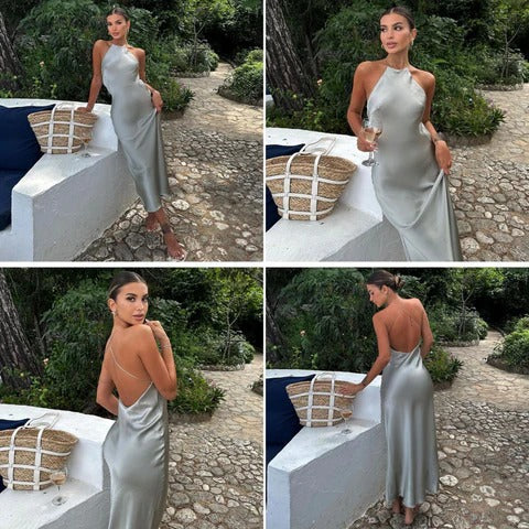 Robe Maxi Sans Manches Avec Ceinture Satin
