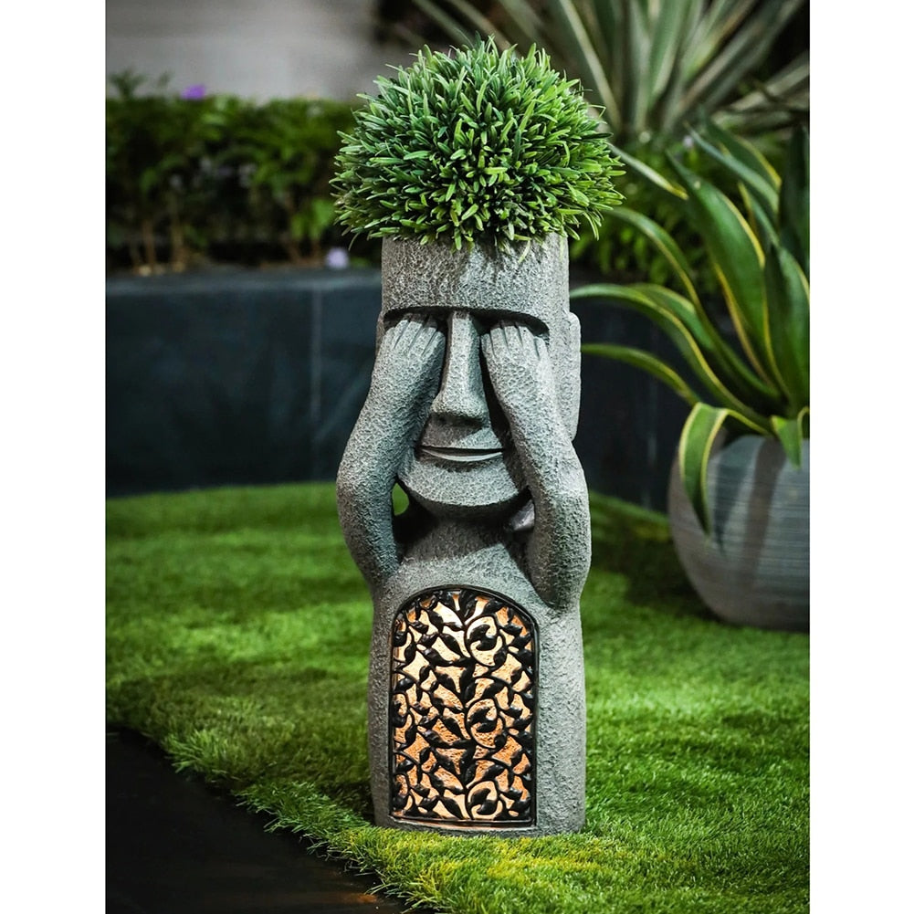 Entendre, voir, parler - Statue de Pot de Fleurs avec LED Solaire