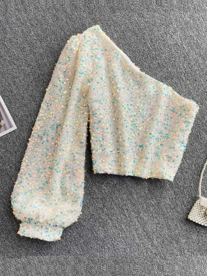 Fleur – Top à une épaule en paillettes | Étincelle avec élégance