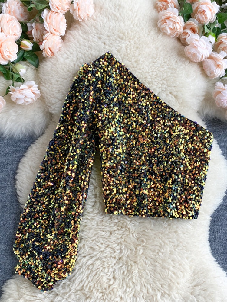Fleur – Top à une épaule en paillettes | Étincelle avec élégance