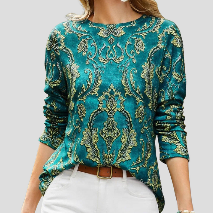 Blouse Femme Verte Col Rond Imprimée à Manches Longues