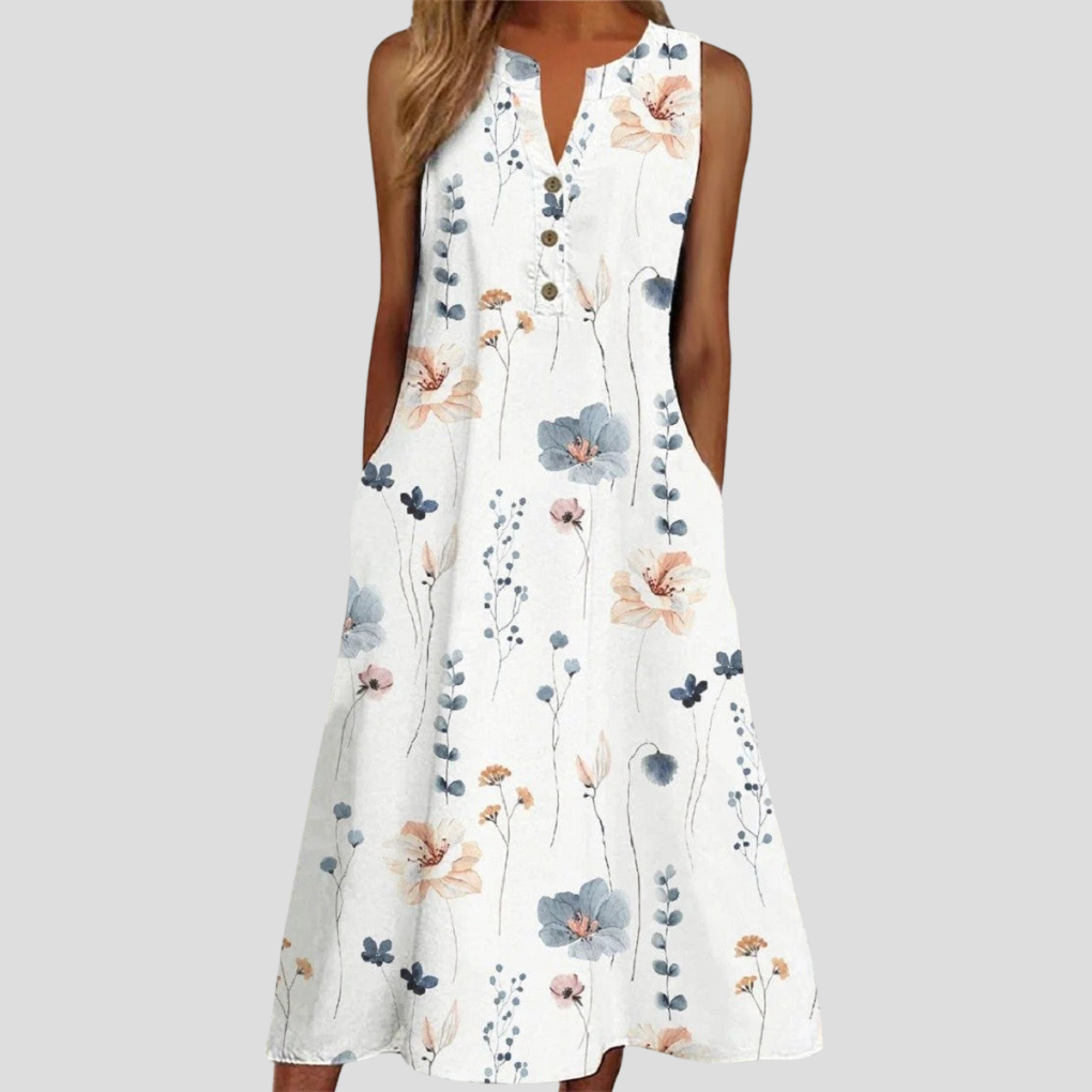 Robe sans manches blanche à imprimé floral avec décolleté en V
