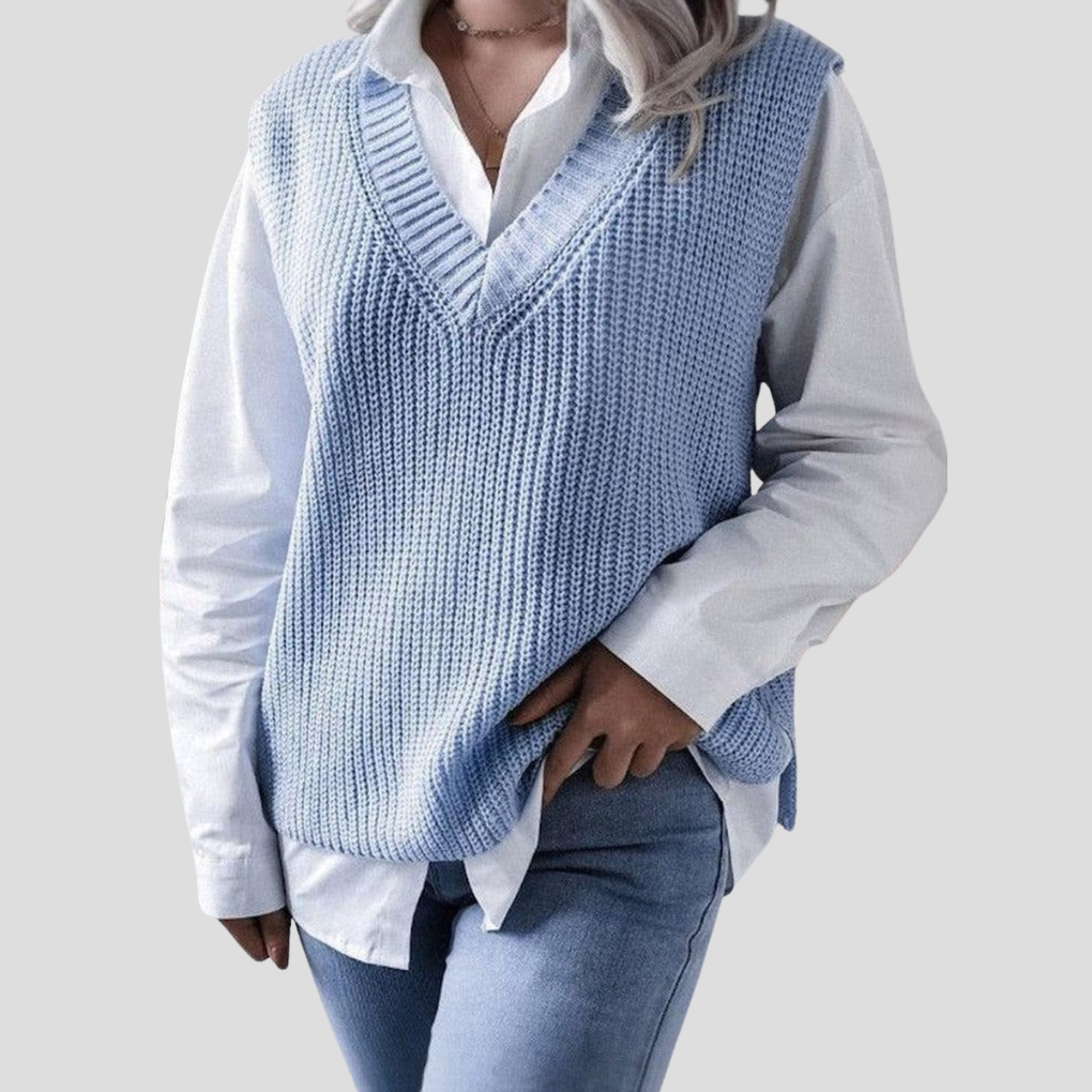Pull sans manches bleu à col en V pour femmes