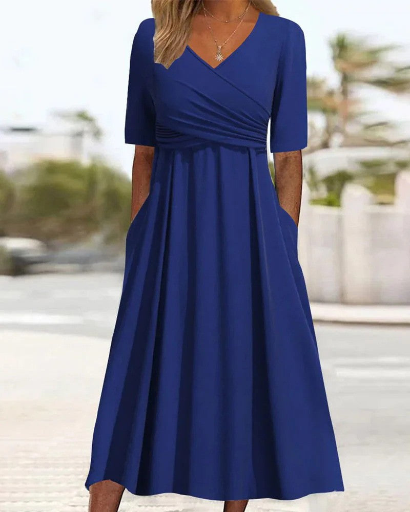 Robe Vintage Col V à Manches Courtes pour Femmes Élégance Intemporelle pour Toutes les Occasions