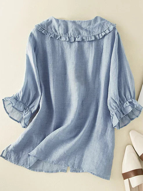 Chemise à col ruffle Peter Pan en coton et lin pour femme