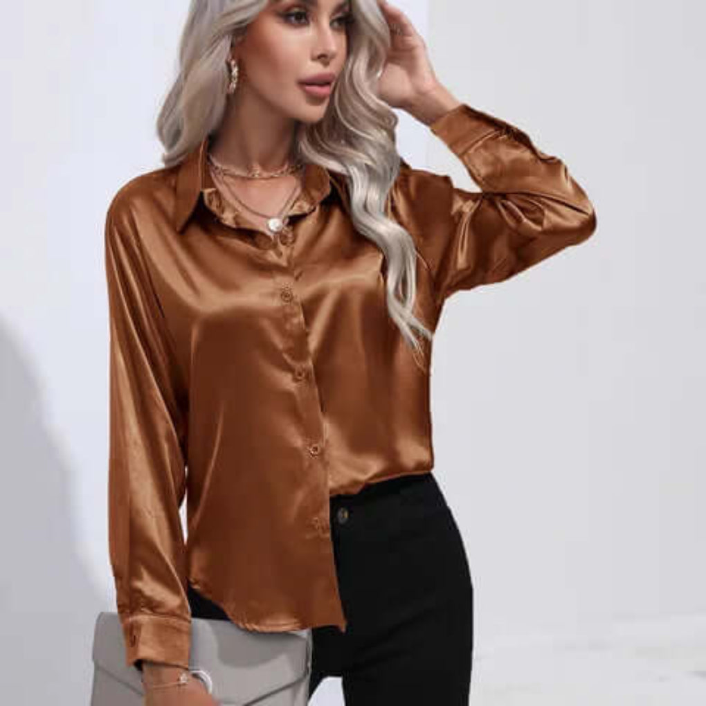 Blouse en satin à manches longues pour femme
