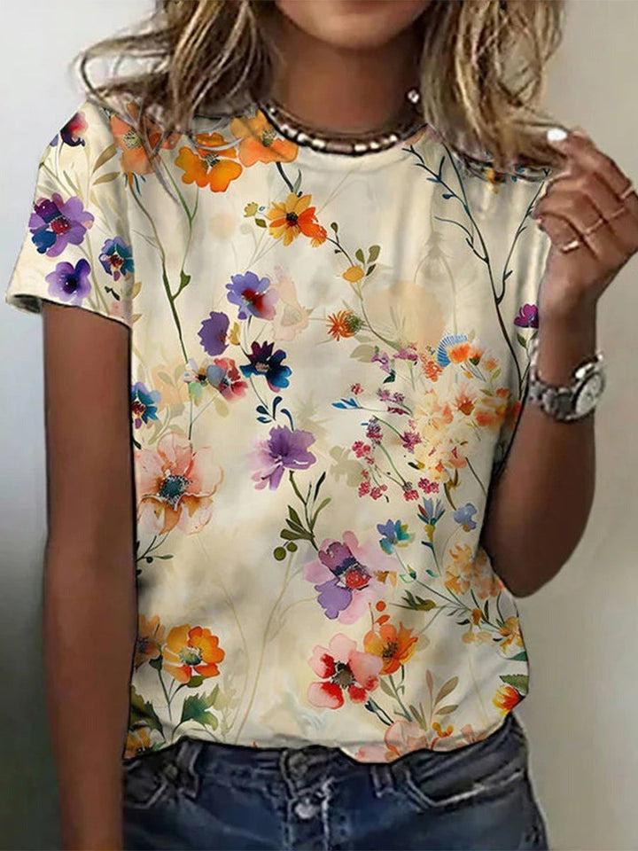 T-shirt Floral Vintage Femme avec Col Rond