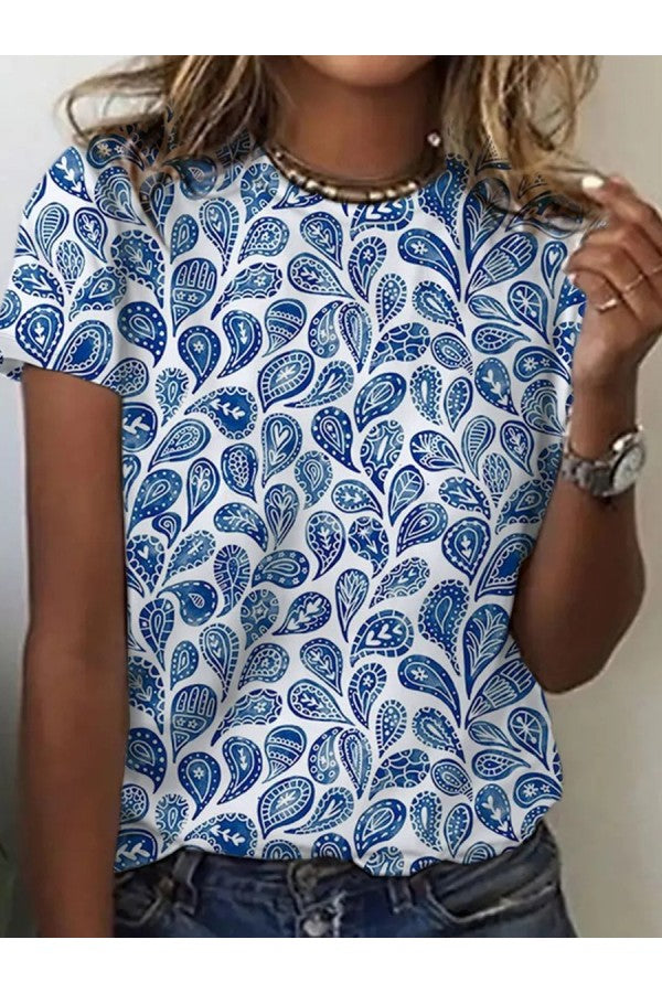 T-shirt Imprimé Bleu Femme Col Rond & Manches Courtes
