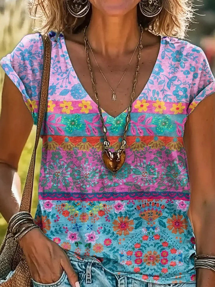 T-Shirt Casual avec Impression Florale et Col en V Style Effortless Rencontre Confort Quotidien