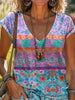 T-Shirt Casual avec Impression Florale et Col en V Style Effortless Rencontre Confort Quotidien