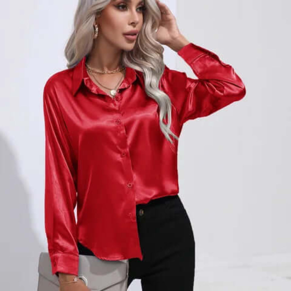 Blouse en satin à manches longues pour femme