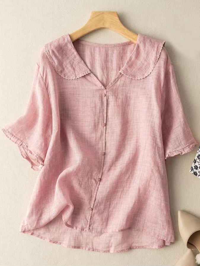 Chemise rétro en coton et lin pour femme à col de poupée fin à manches courtes marine