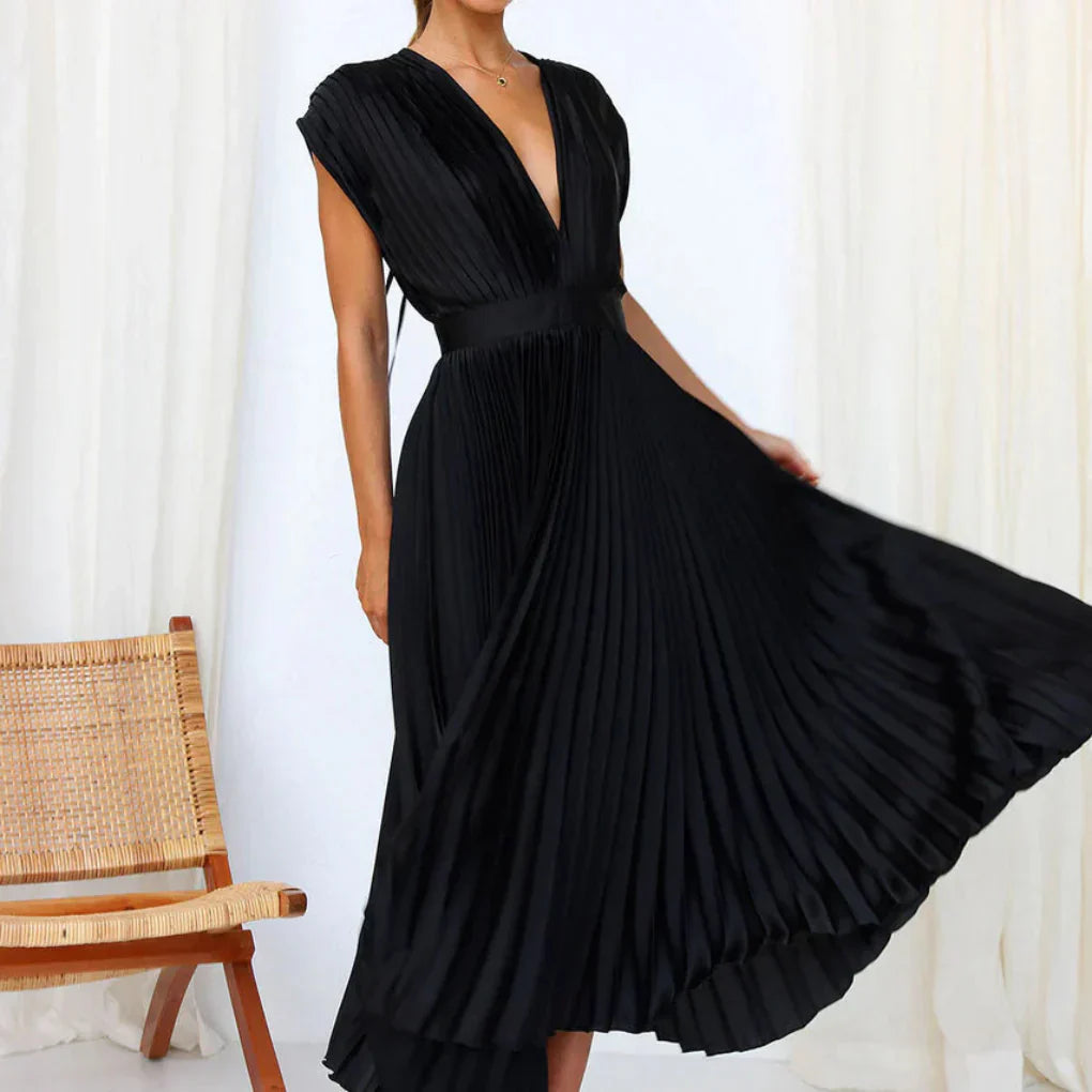 Robe sans manches à col en V moderne pour femmes – Style chic de jour à soir