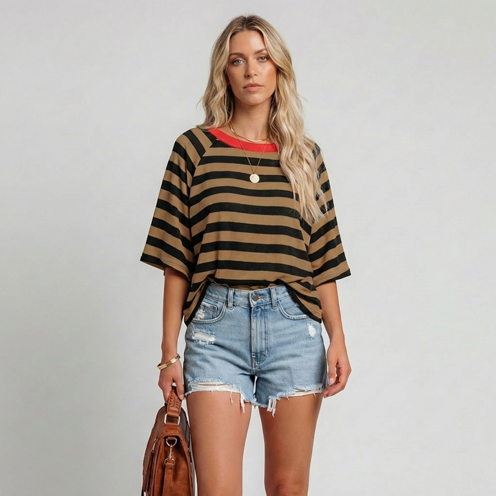 Haut Crewneck Rayé Bloc de Couleur pour Femme