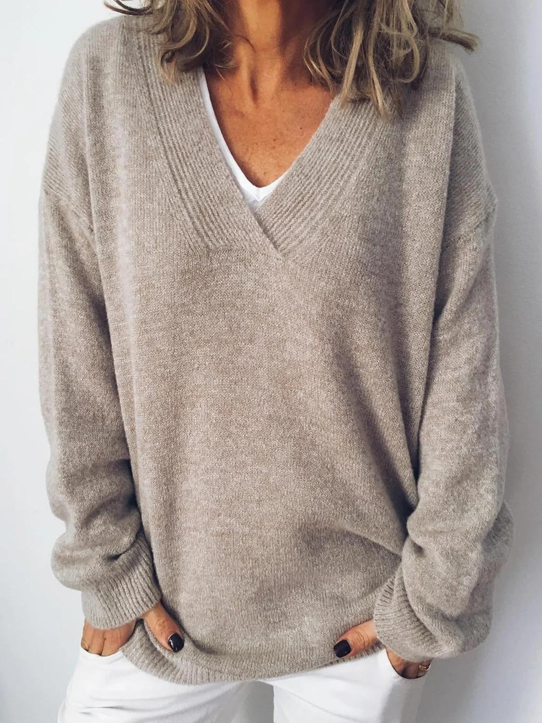 Pull V-Couleur Abricot à Manches Longues – Style Casual Uni pour le Quotidien