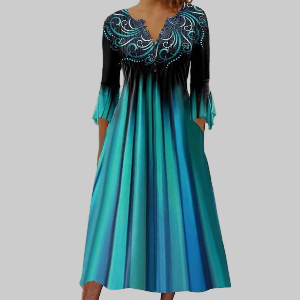 Robe V-Cou à Rayures Ombre Verte 3/4 Manches – Fade de Couleur Décontracté