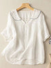 Chemise rétro en coton et lin pour femme à col de poupée fin à manches courtes marine