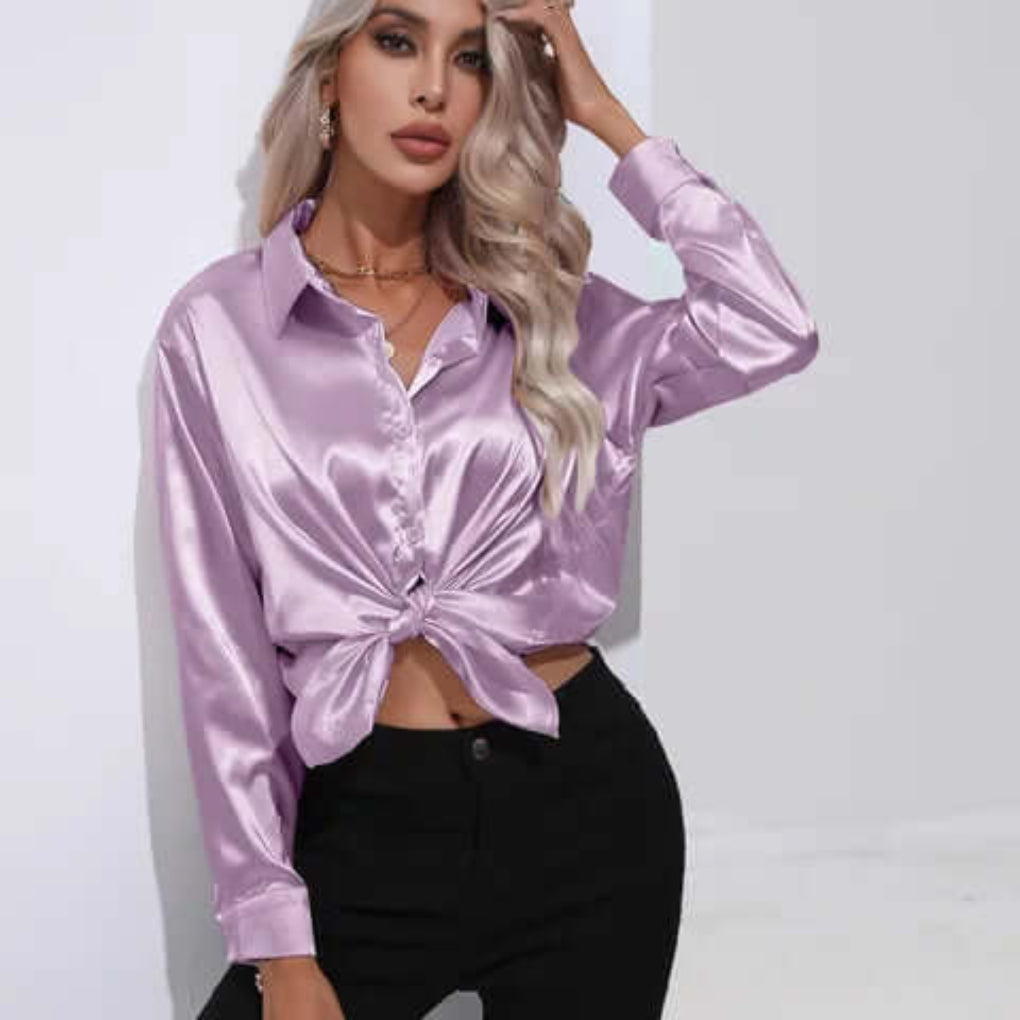 Blouse en satin à manches longues pour femme