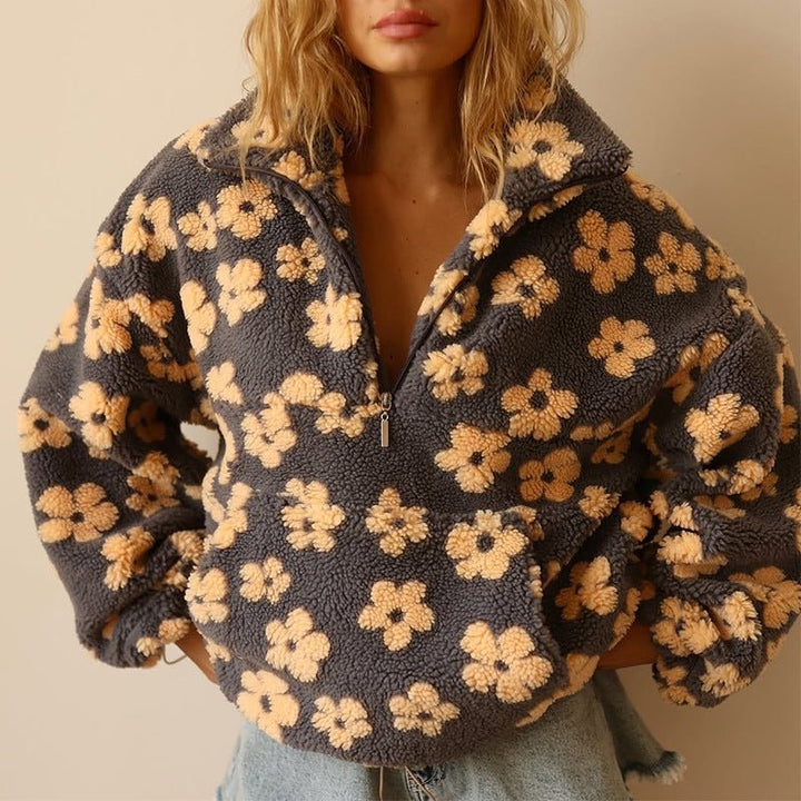 Eleanor | Floral Teddy Fleece Half Zip Jacket Oversized