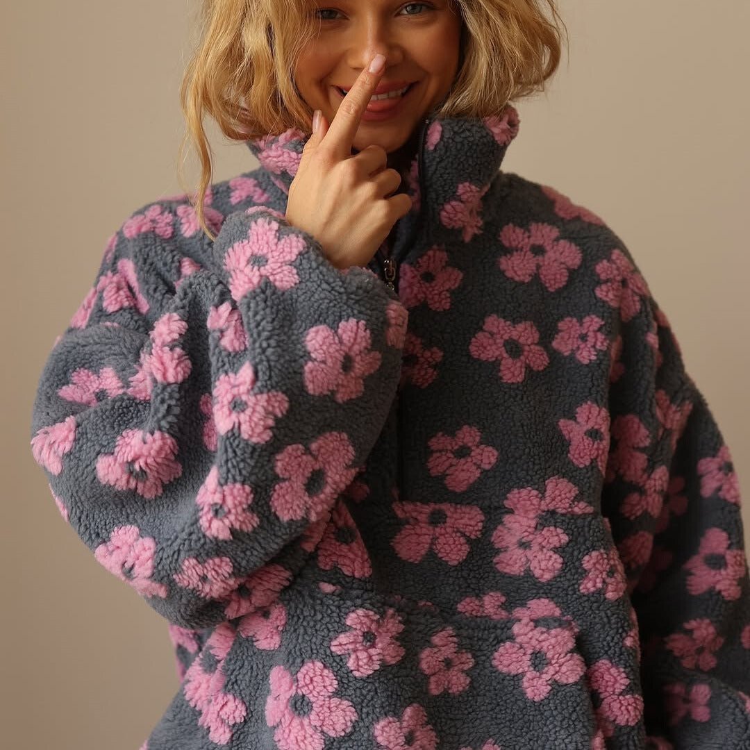 Eleanor | Floral Teddy Fleece Half Zip Jacket Oversized