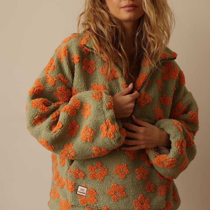 Eleanor | Floral Teddy Fleece Half Zip Jacket Oversized
