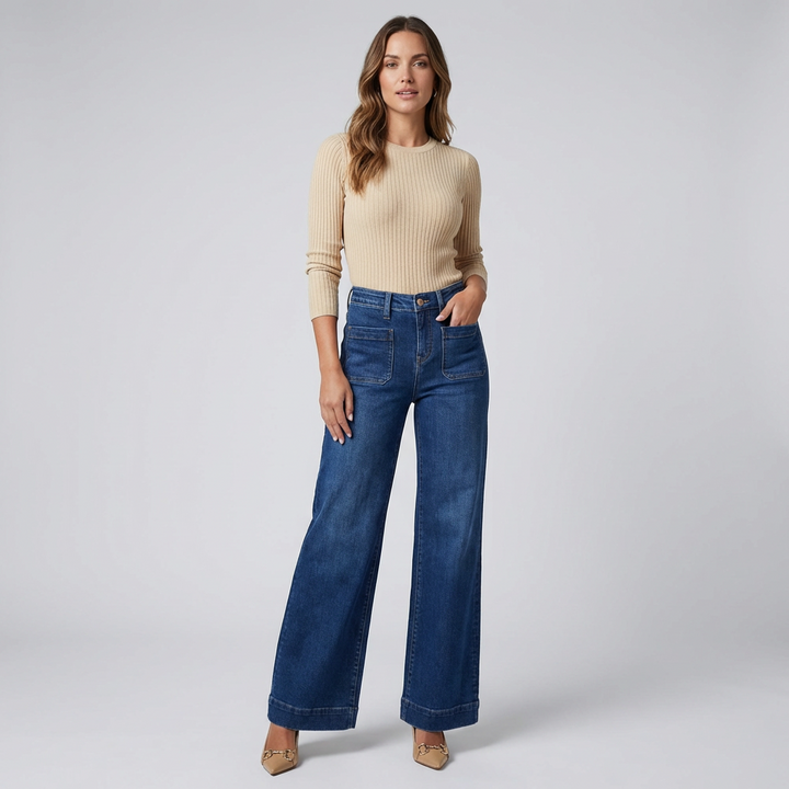 Jeans large jambe haute taille femme
