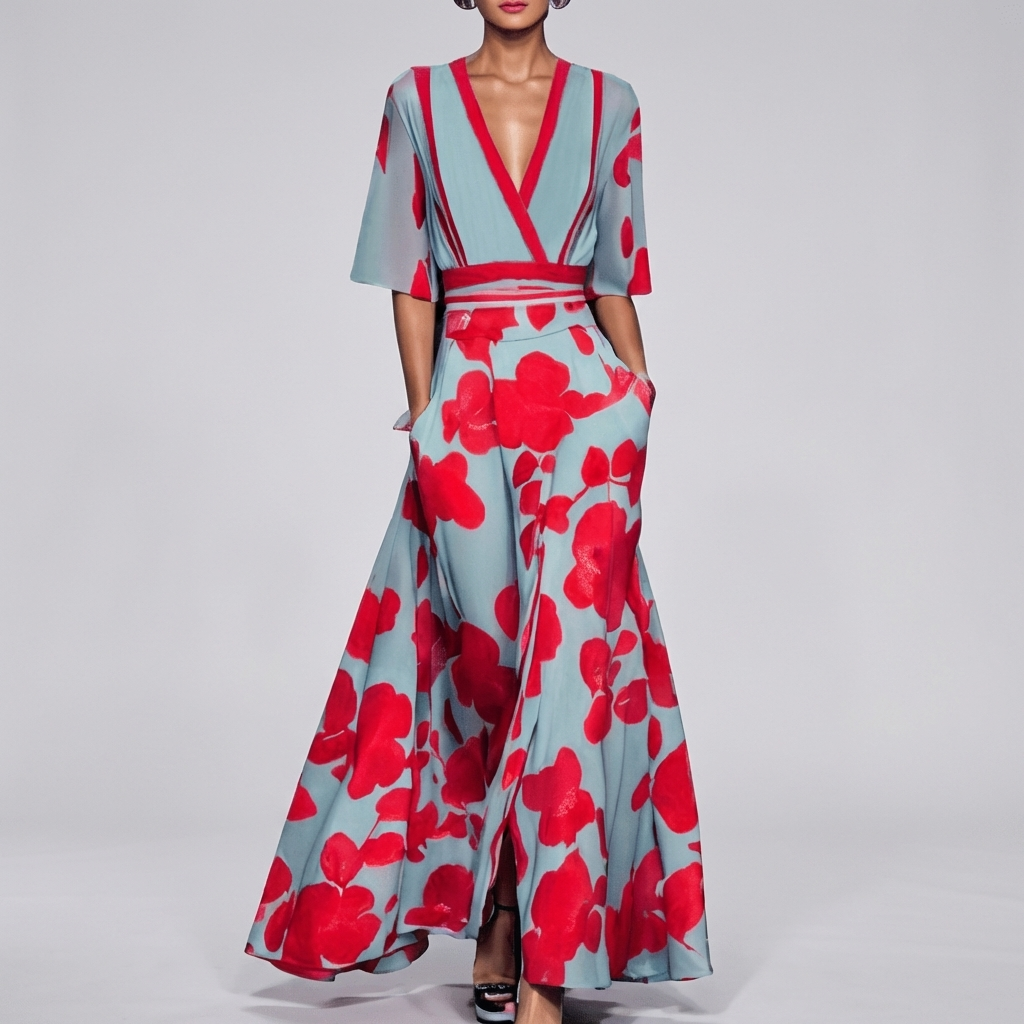 Robe Longue Florale à Col V pour Femmes