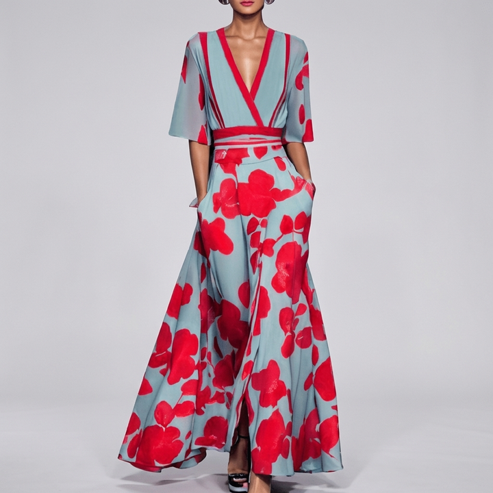 Robe Longue Florale à Col V pour Femmes