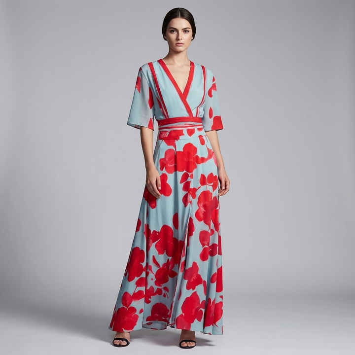 Robe Longue Florale à Col V pour Femmes